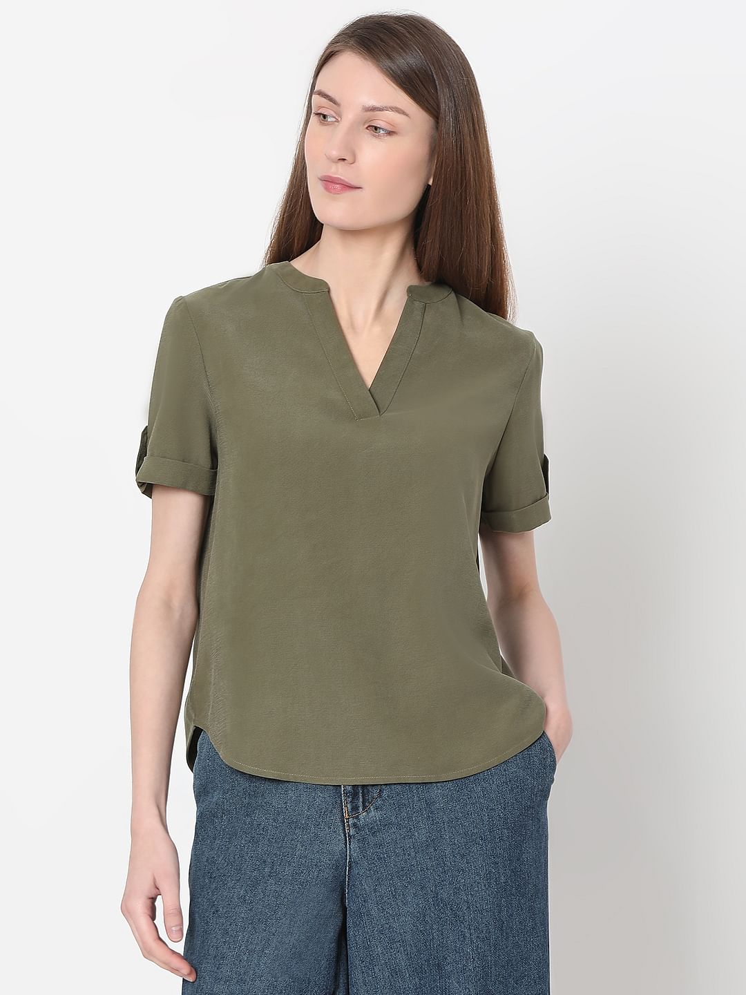 Olive Green V-Neck Top