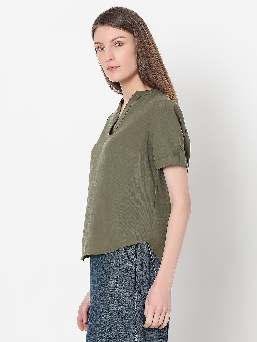 Olive Green V-Neck Top