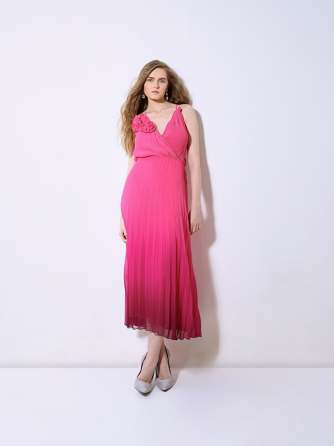 Marquee Pink Ombre Pleated Midi Dress
