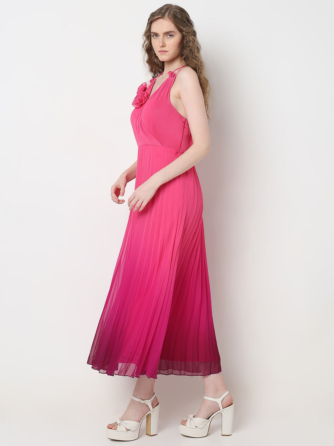 Marquee Pink Ombre Pleated Midi Dress