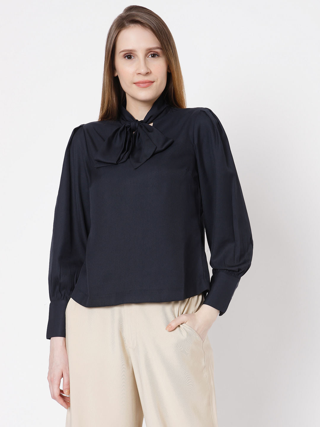 Blue Tie-Up Neck Top