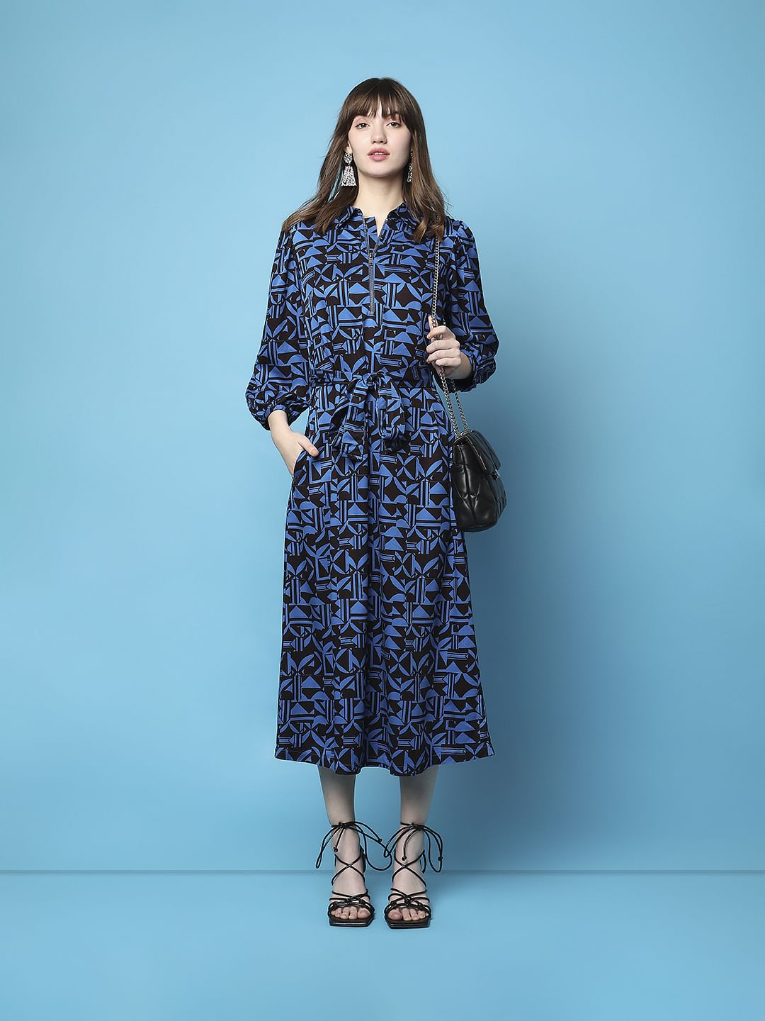 Blue Abstract Print Midi Dress