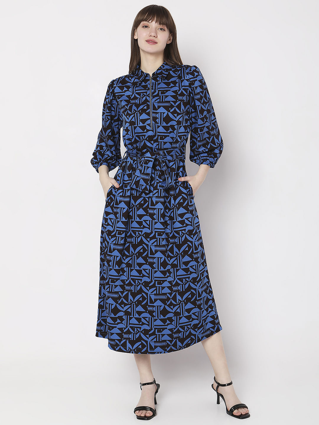 Blue Abstract Print Midi Dress