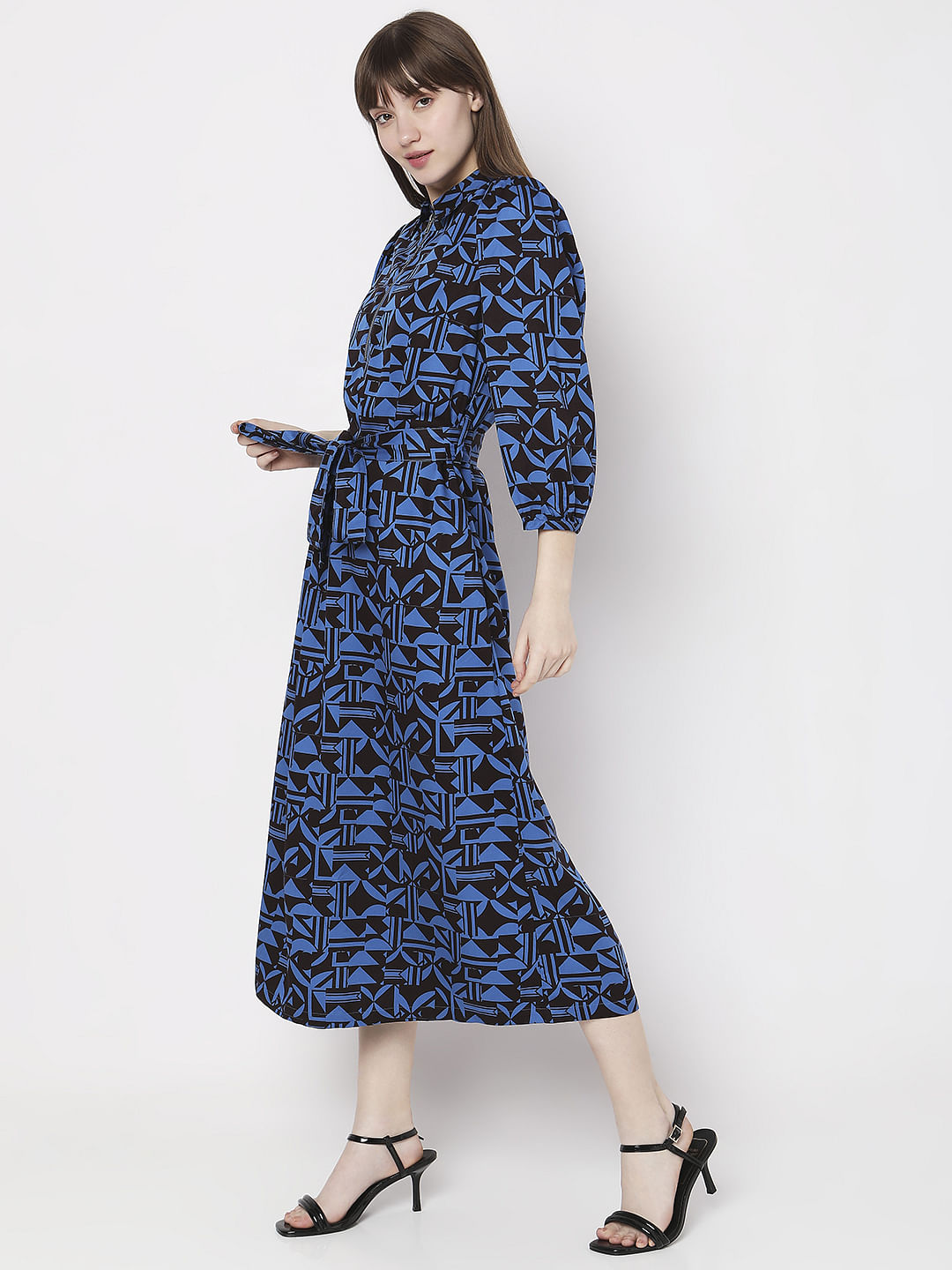 Blue Abstract Print Midi Dress