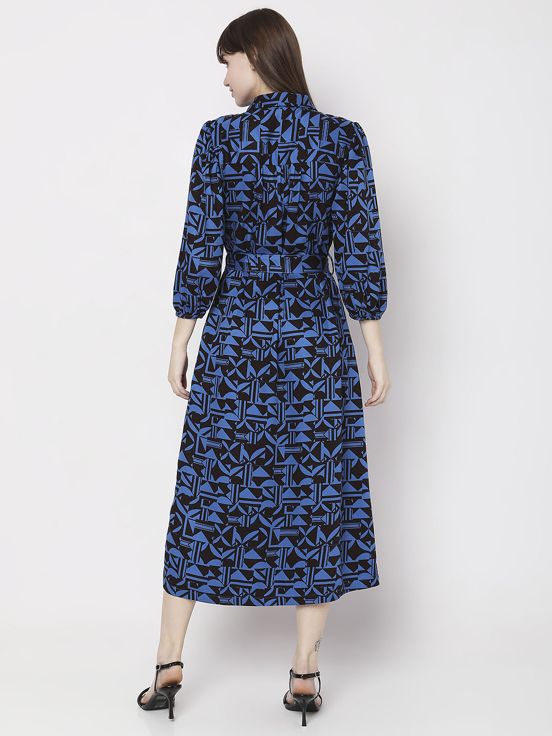 Blue Abstract Print Midi Dress