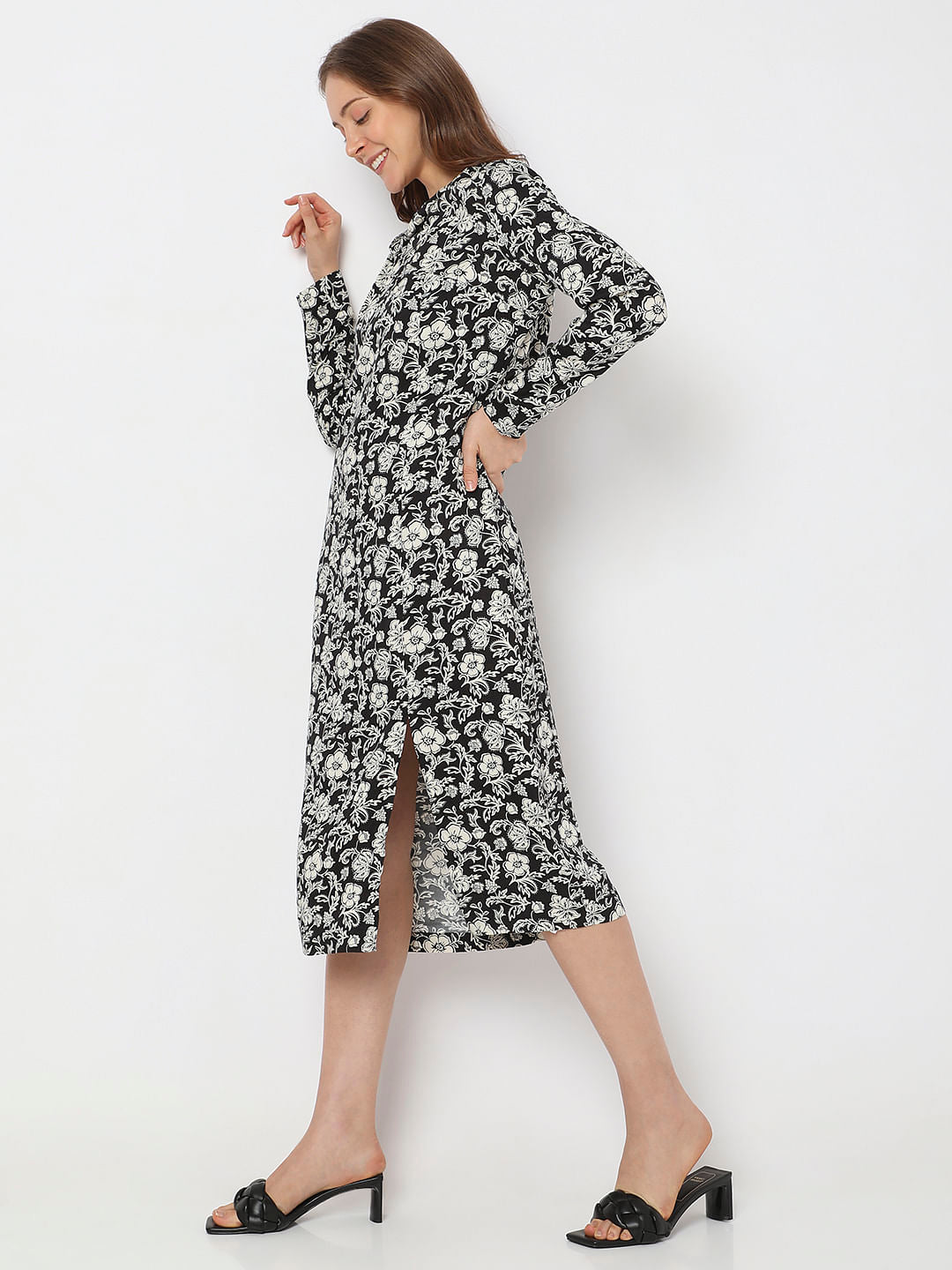 Black Floral Print Midi Dress