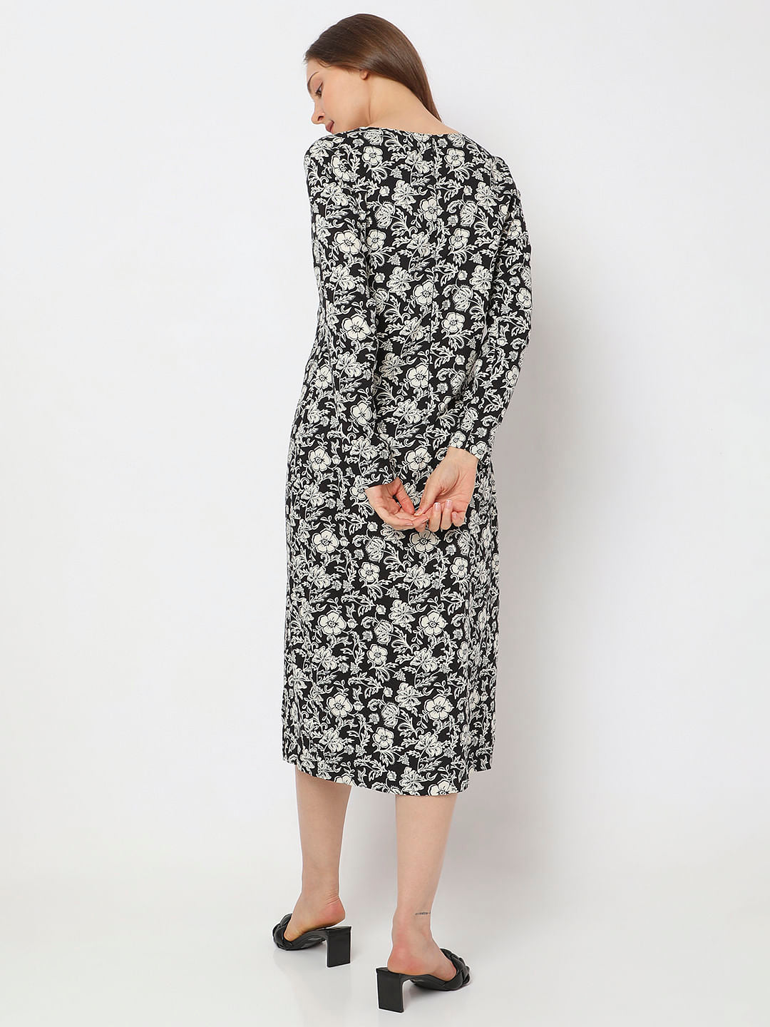 Black Floral Print Midi Dress