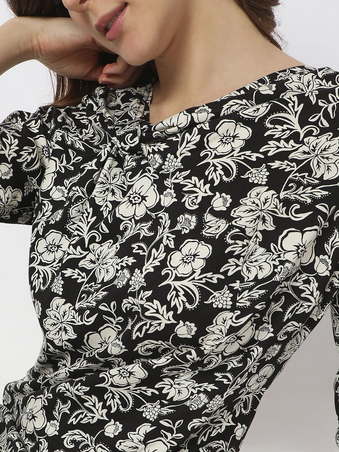 Black Floral Print Midi Dress