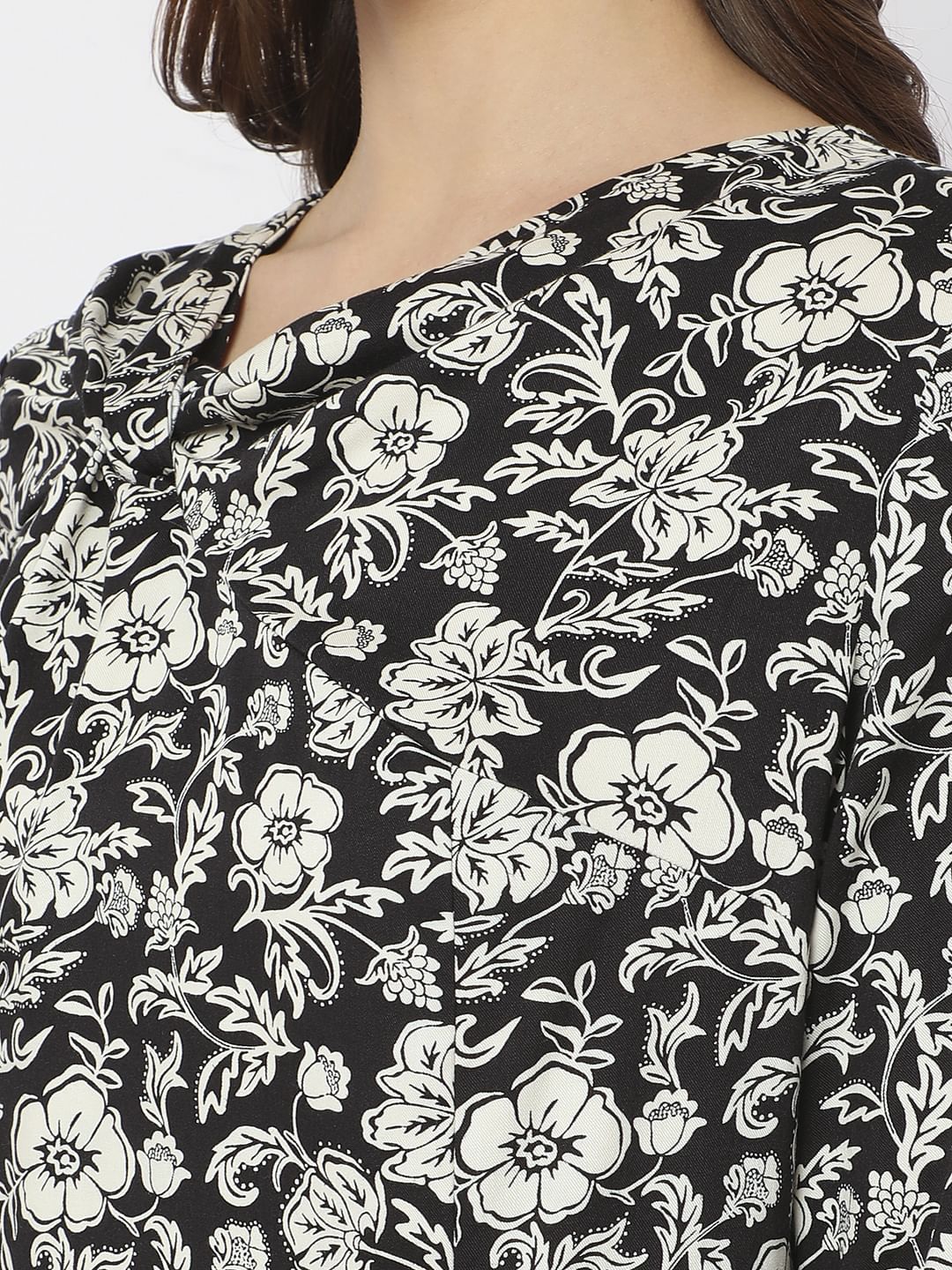 Black Floral Print Midi Dress