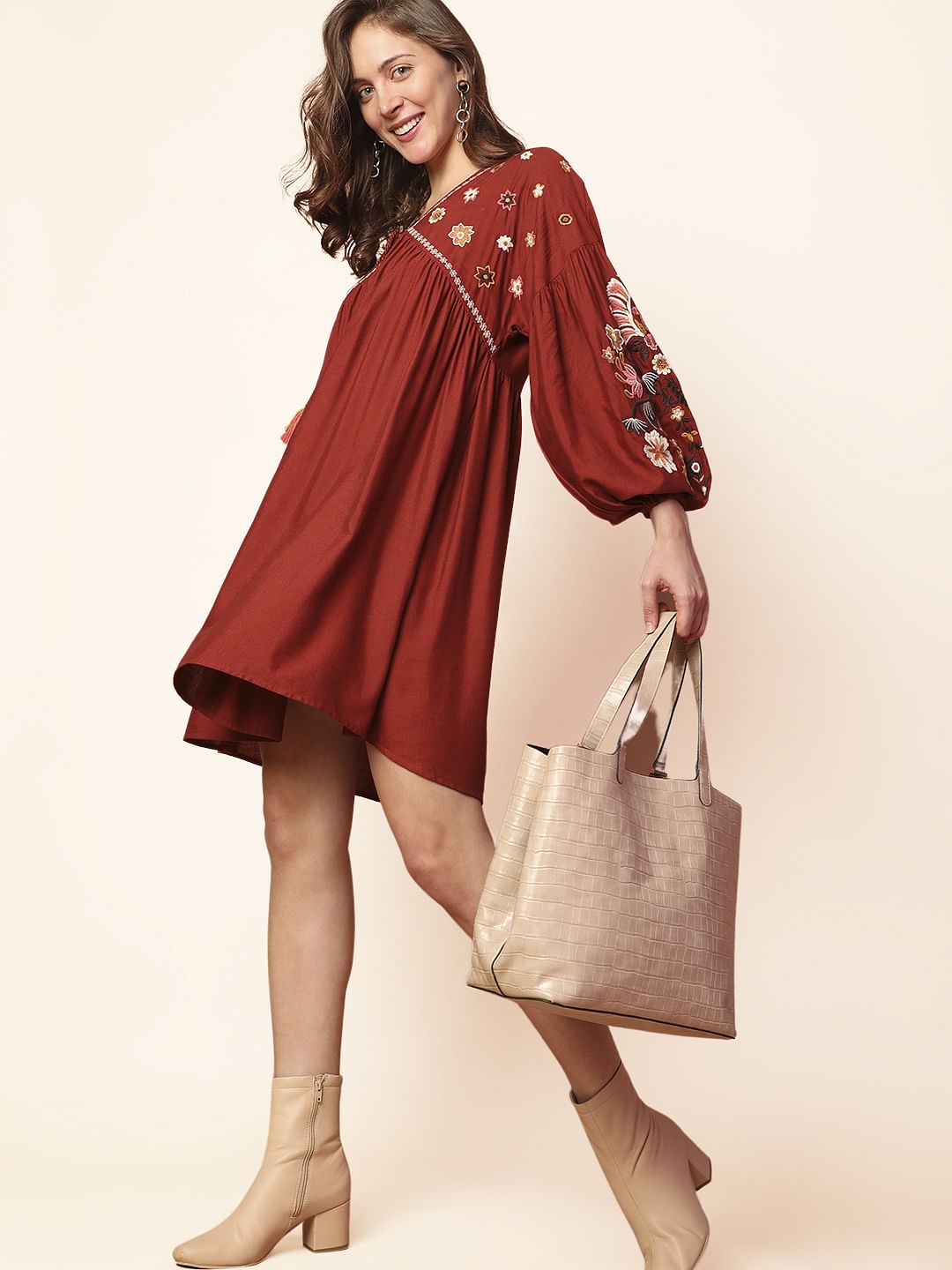 Maroon Embroidered Mini Dress