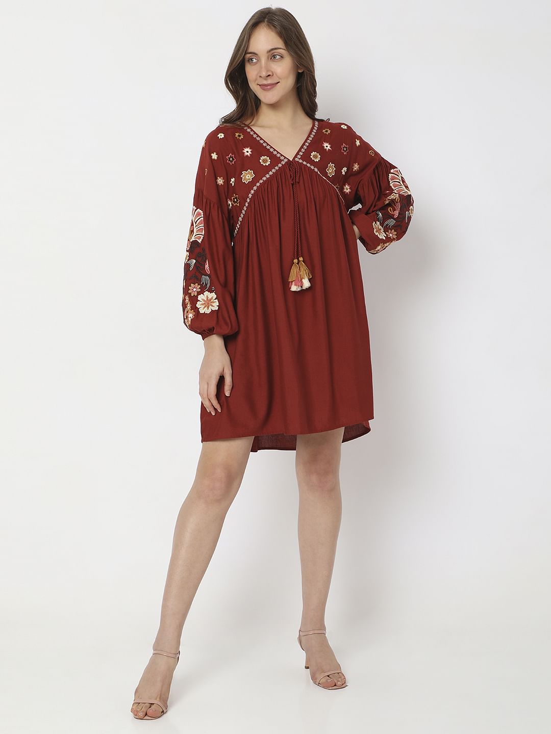 Maroon Embroidered Mini Dress