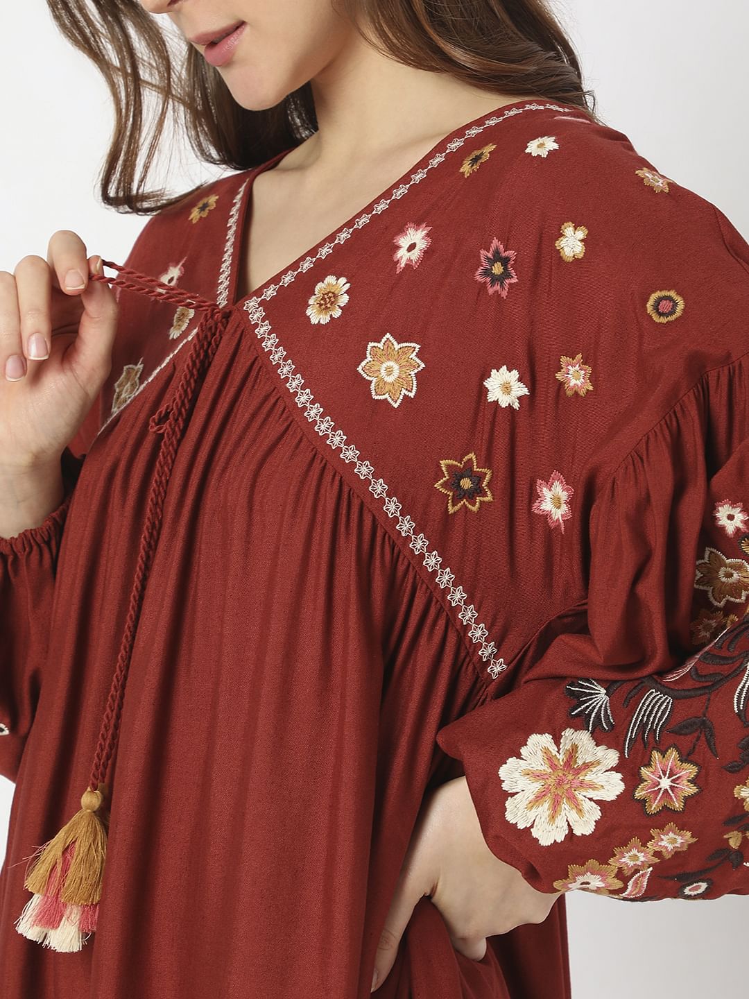 Maroon Embroidered Mini Dress