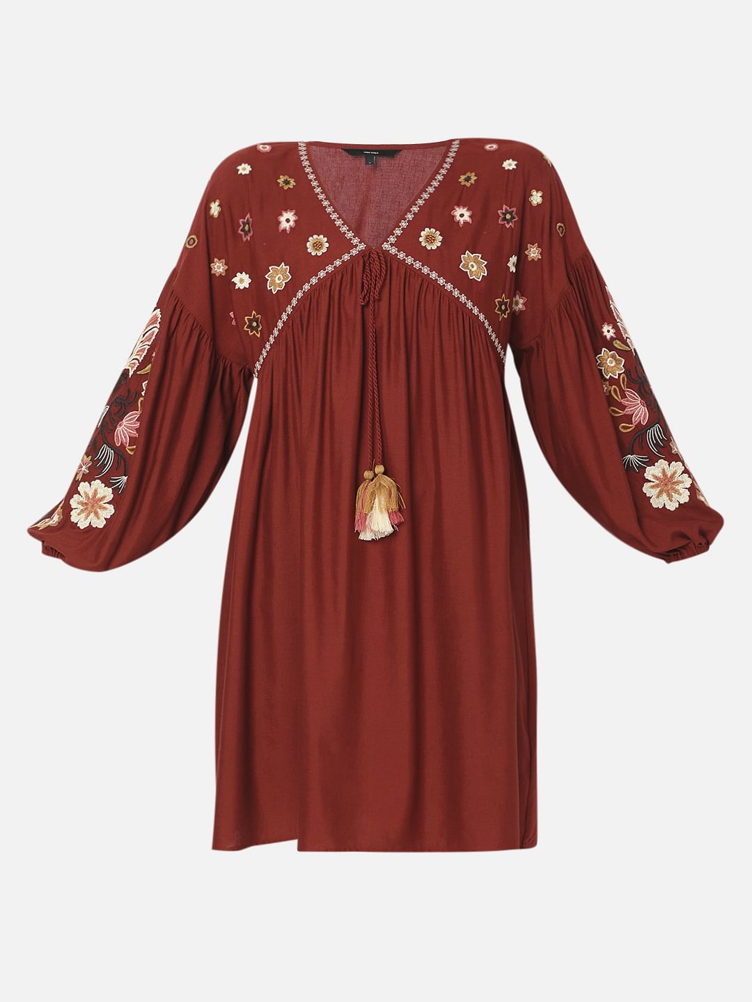 Maroon Embroidered Mini Dress