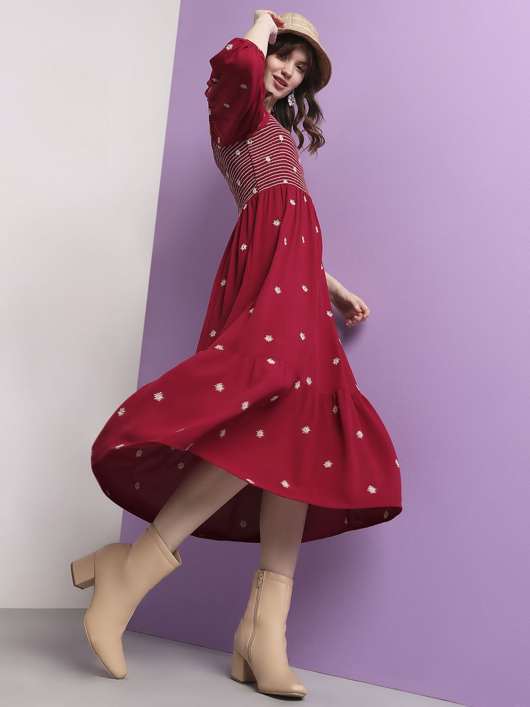 Red Floral Embroidered Midi Dress