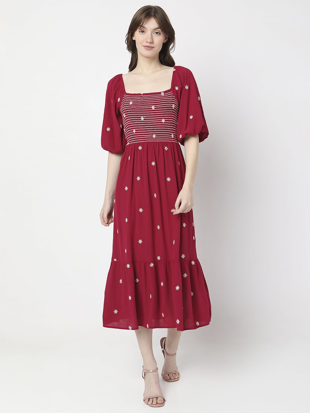 Red Floral Embroidered Midi Dress