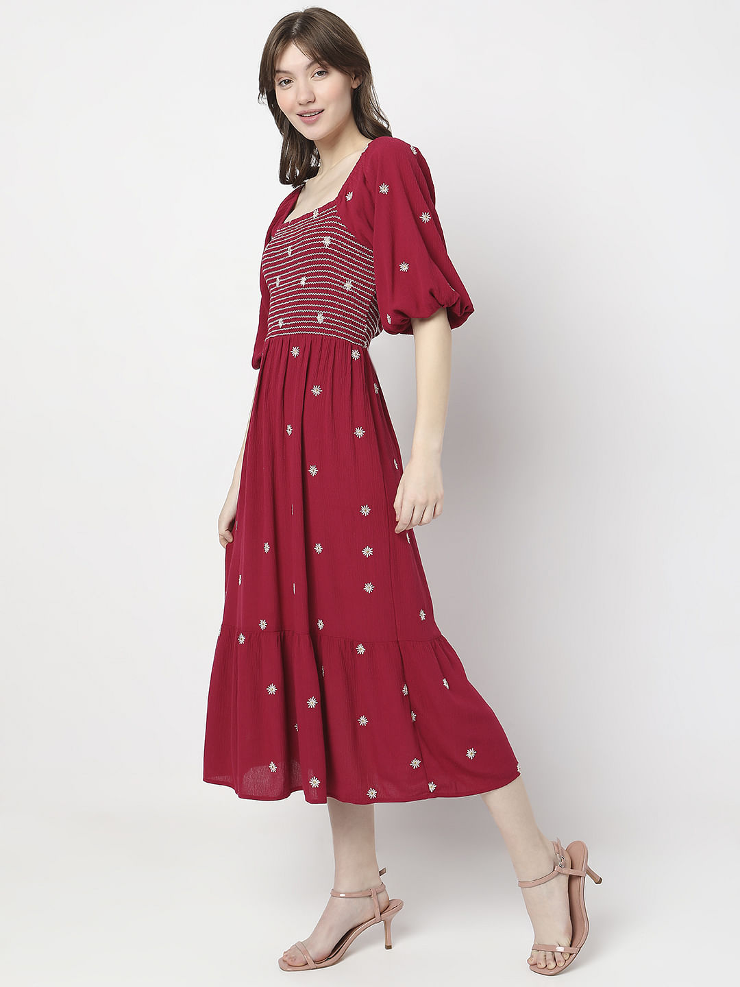 Red Floral Embroidered Midi Dress