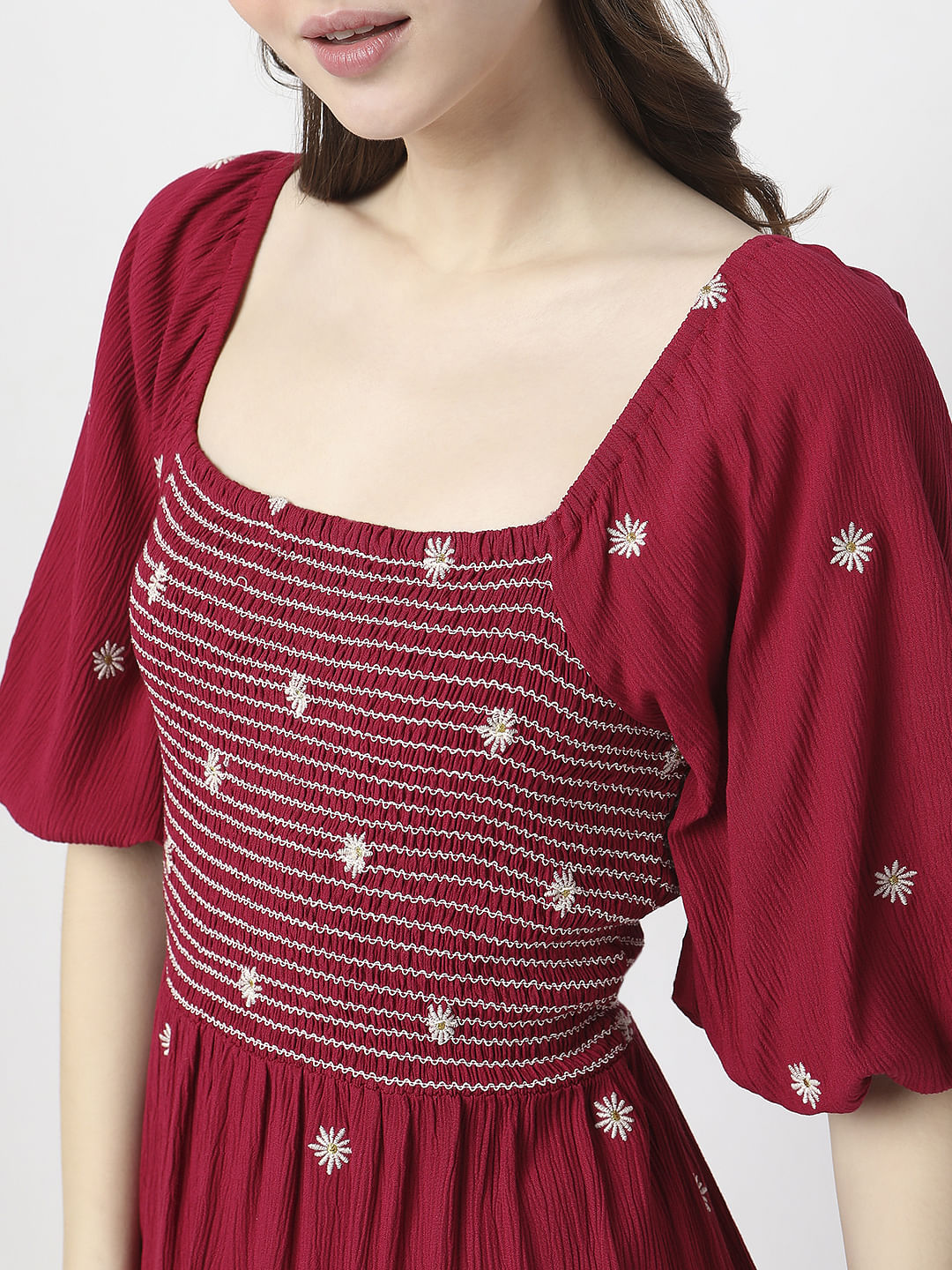 Red Floral Embroidered Midi Dress