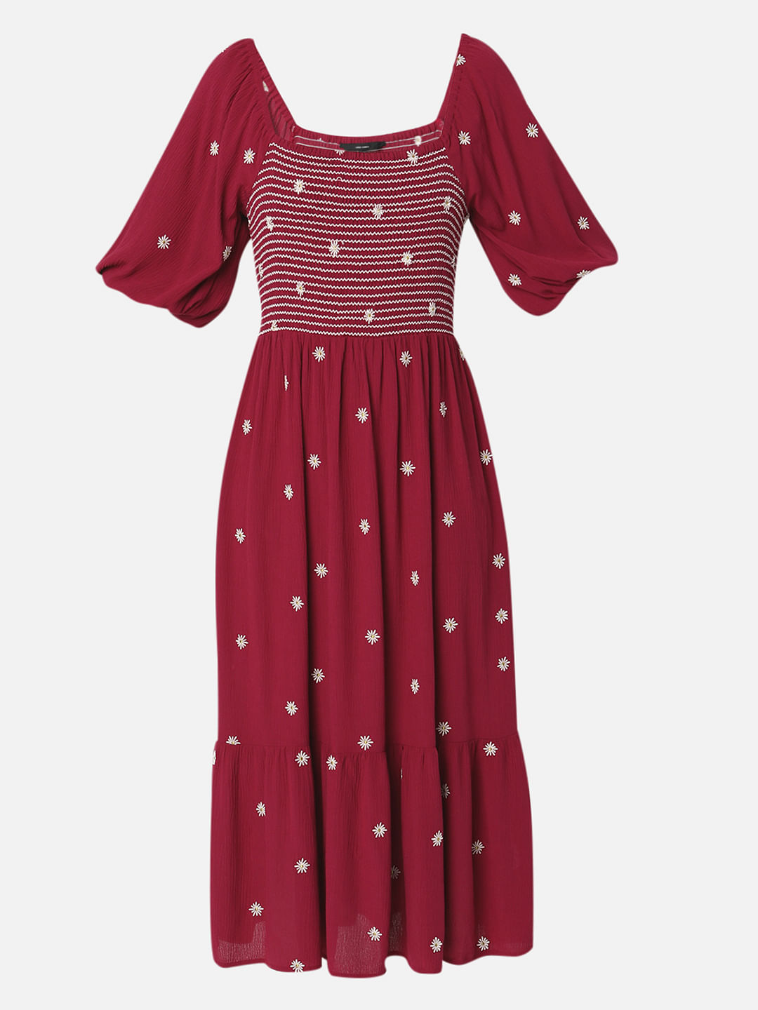 Red Floral Embroidered Midi Dress