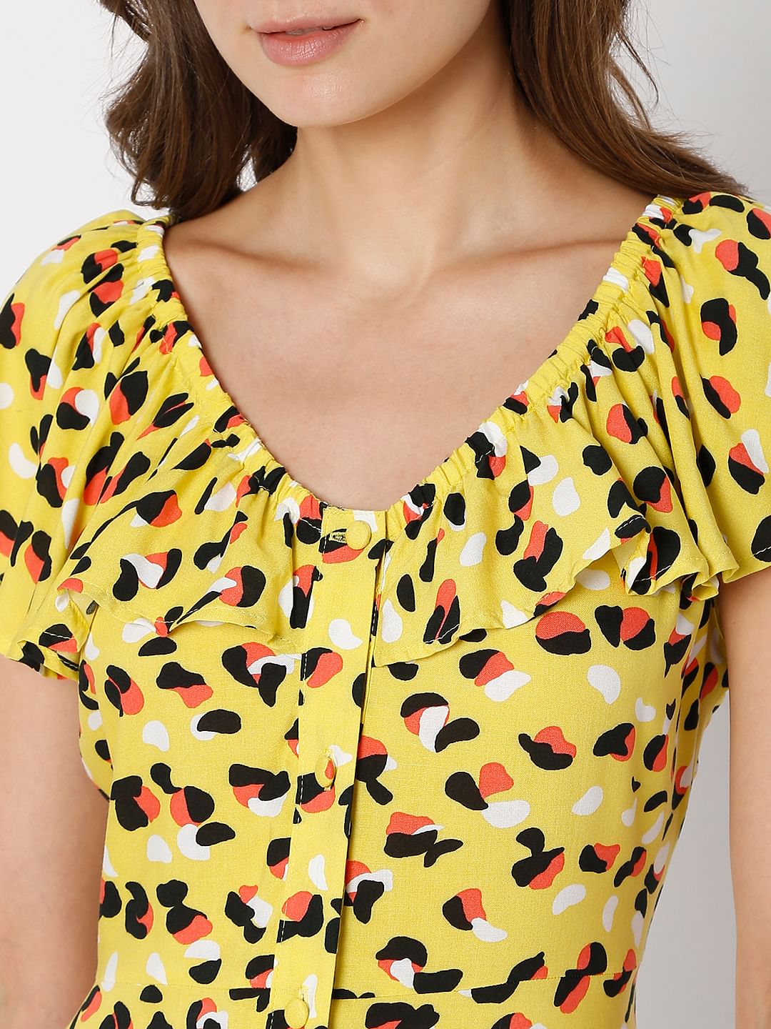 Yellow All Over Print Midi Dress