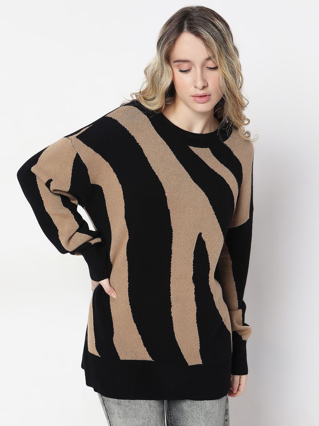 Black Abstract Print Long Pullover