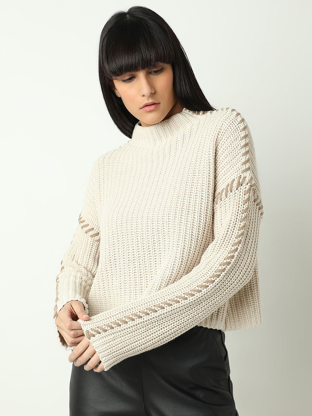 White Funnel Neck Pullover