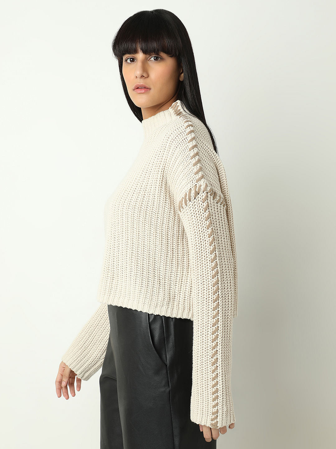 White Funnel Neck Pullover