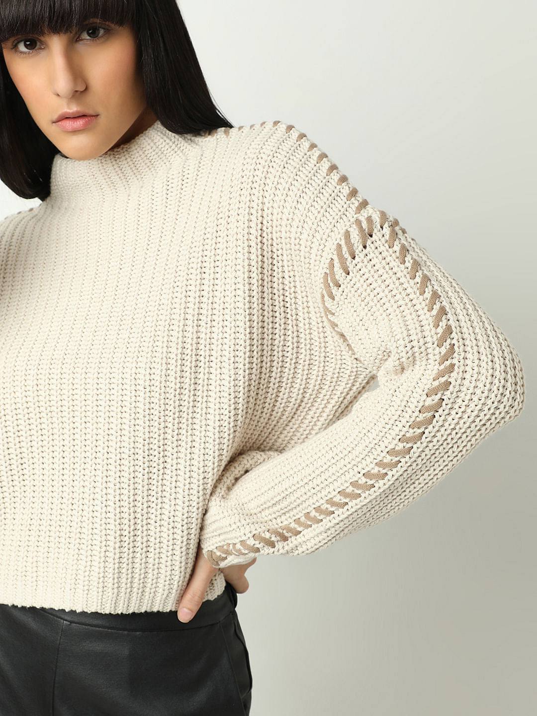 White Funnel Neck Pullover