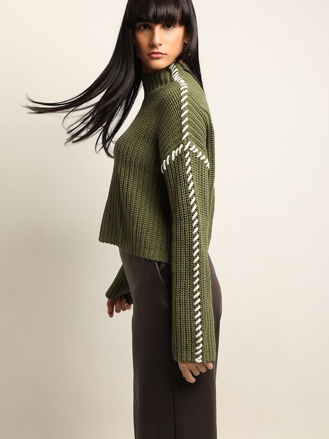 Green Funnel-Neck Pullover