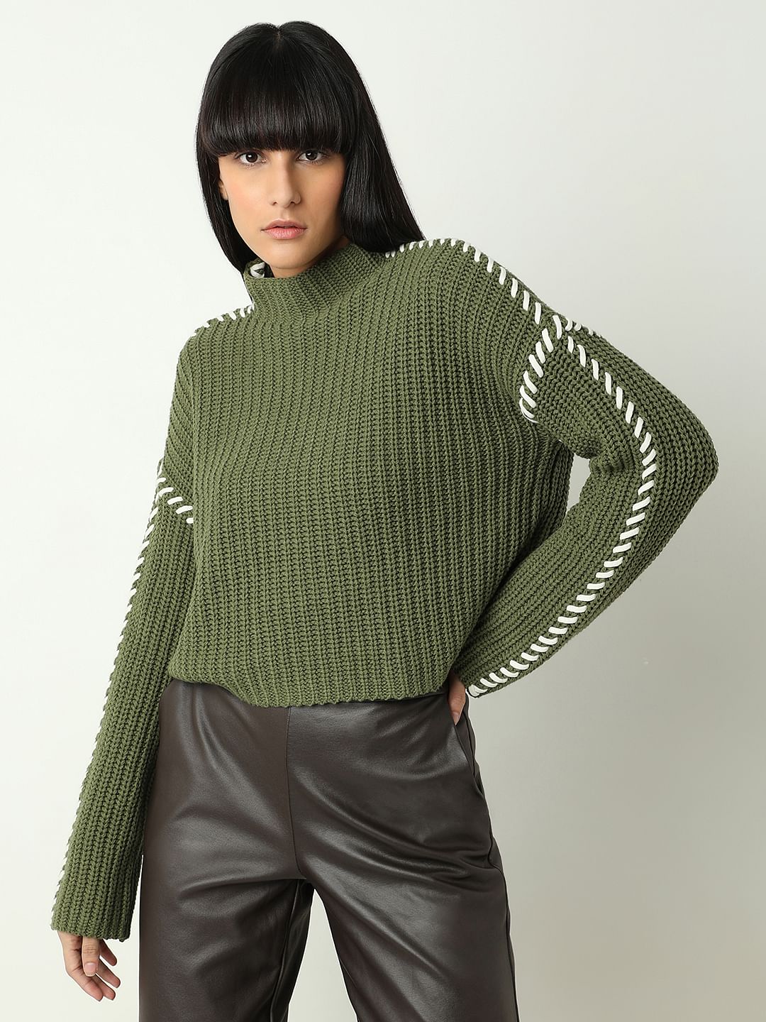 Green Funnel-Neck Pullover