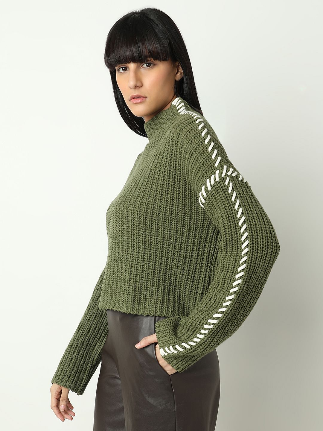 Green Funnel-Neck Pullover