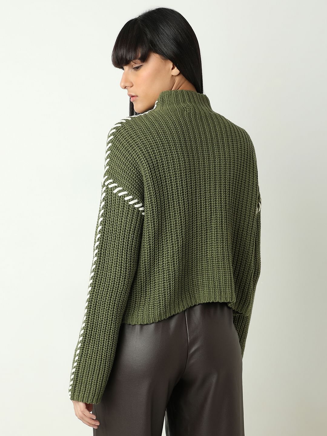 Green Funnel-Neck Pullover