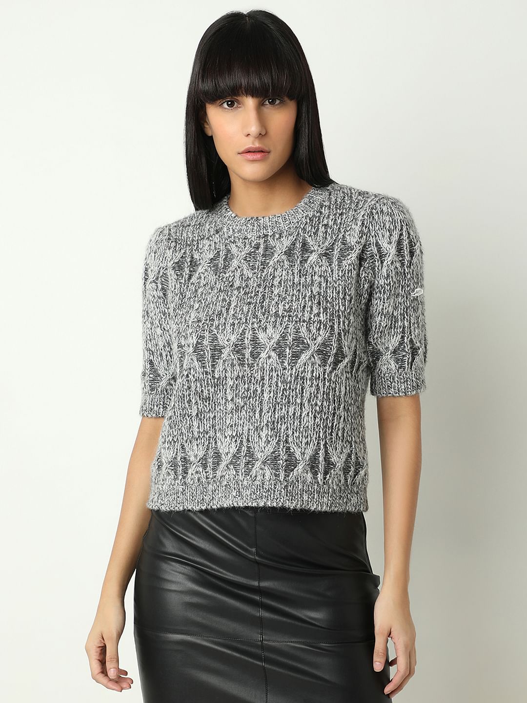 Grey Jacquard Knit Pullover