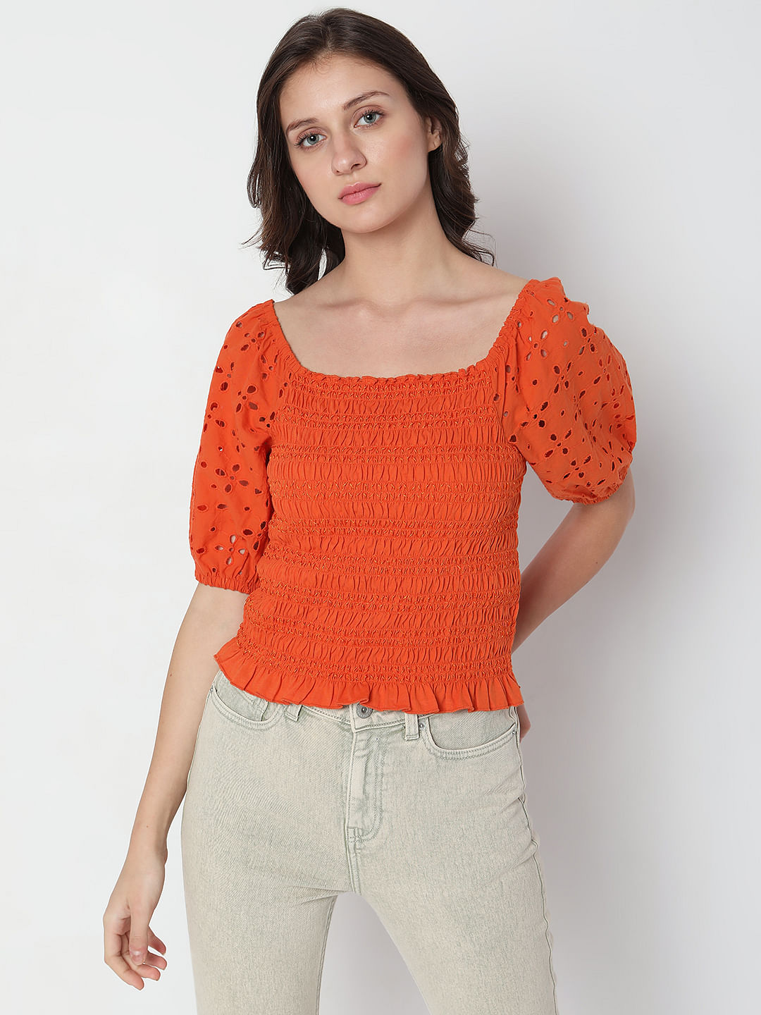 Rust Smocked Schiffli Top