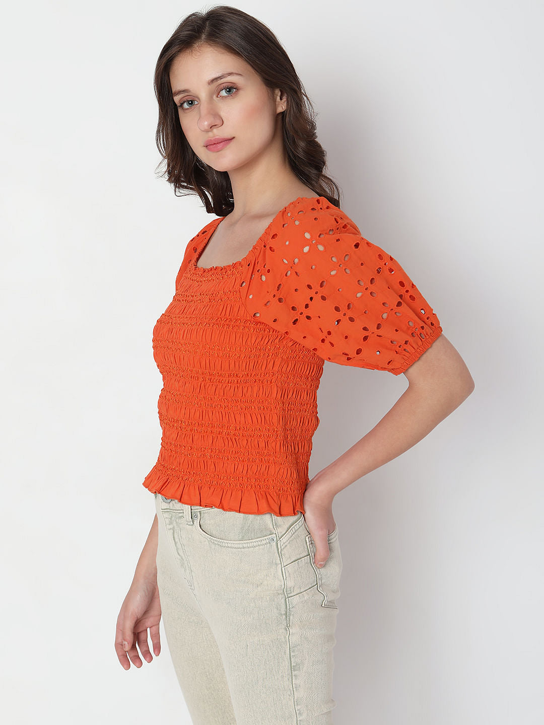 Rust Smocked Schiffli Top