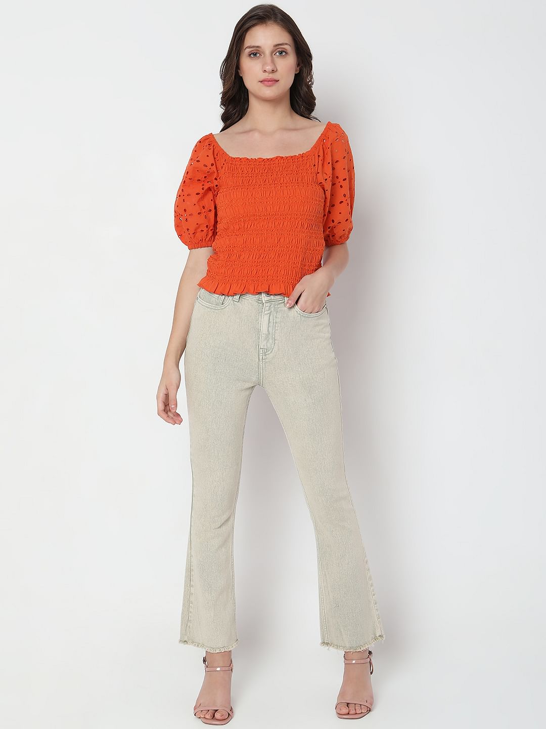 Rust Smocked Schiffli Top