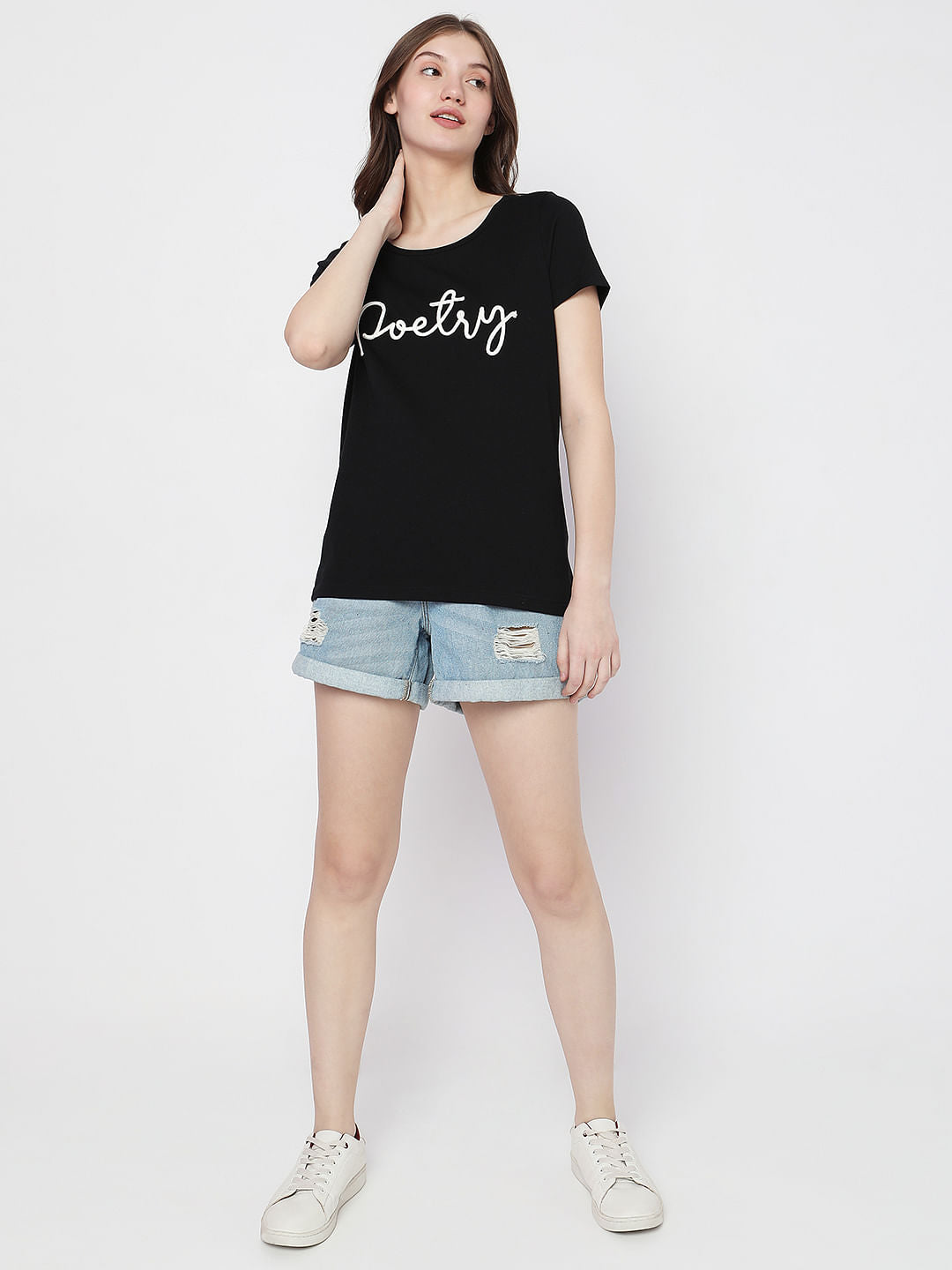 Black Embroidered Text T-Shirt