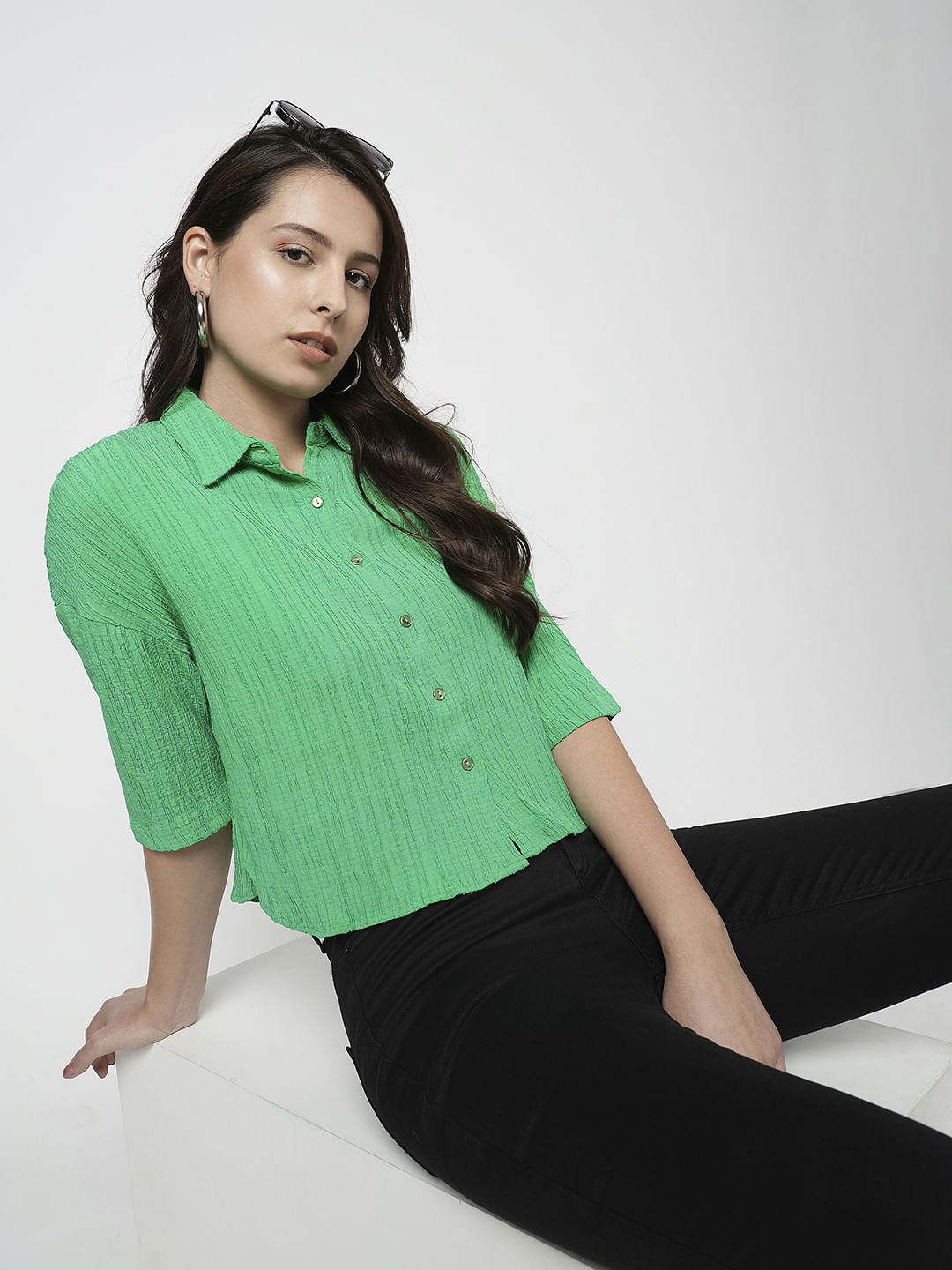 I.Scenery By Vero Moda Green Crinkle Weave Shirt