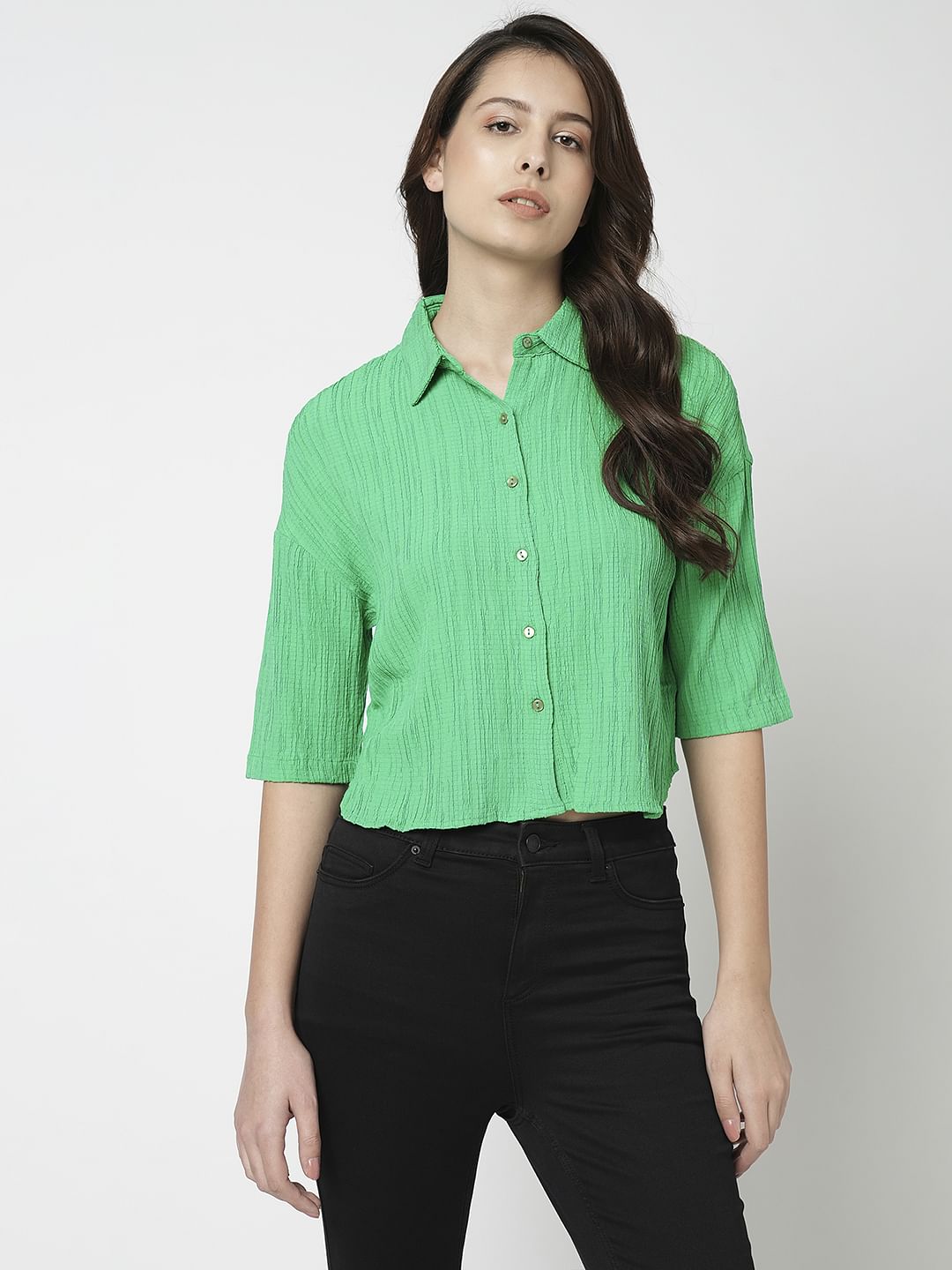 I.Scenery By Vero Moda Green Crinkle Weave Shirt