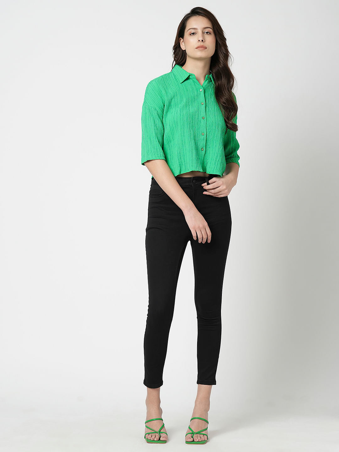 I.Scenery By Vero Moda Green Crinkle Weave Shirt