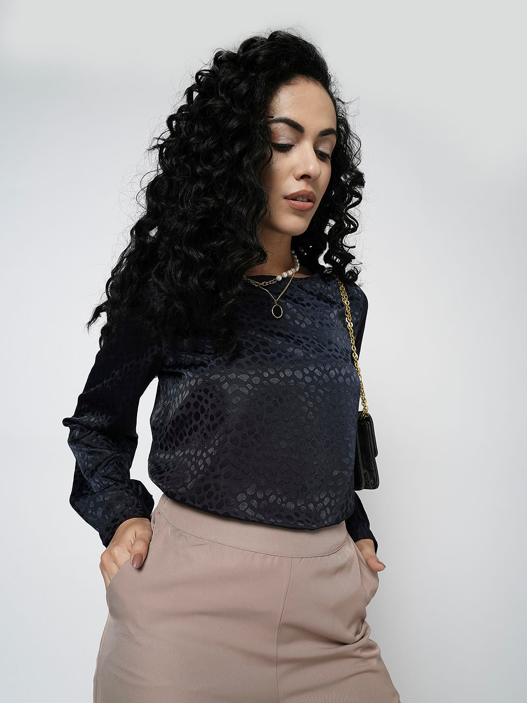 I.Scenery By Vero Moda Navy Blue Textured Top