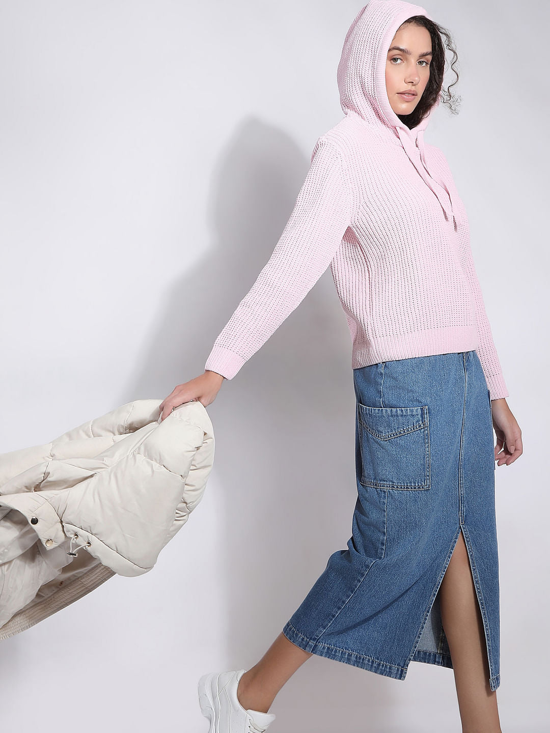 Pink Hooded Knitted Pullover