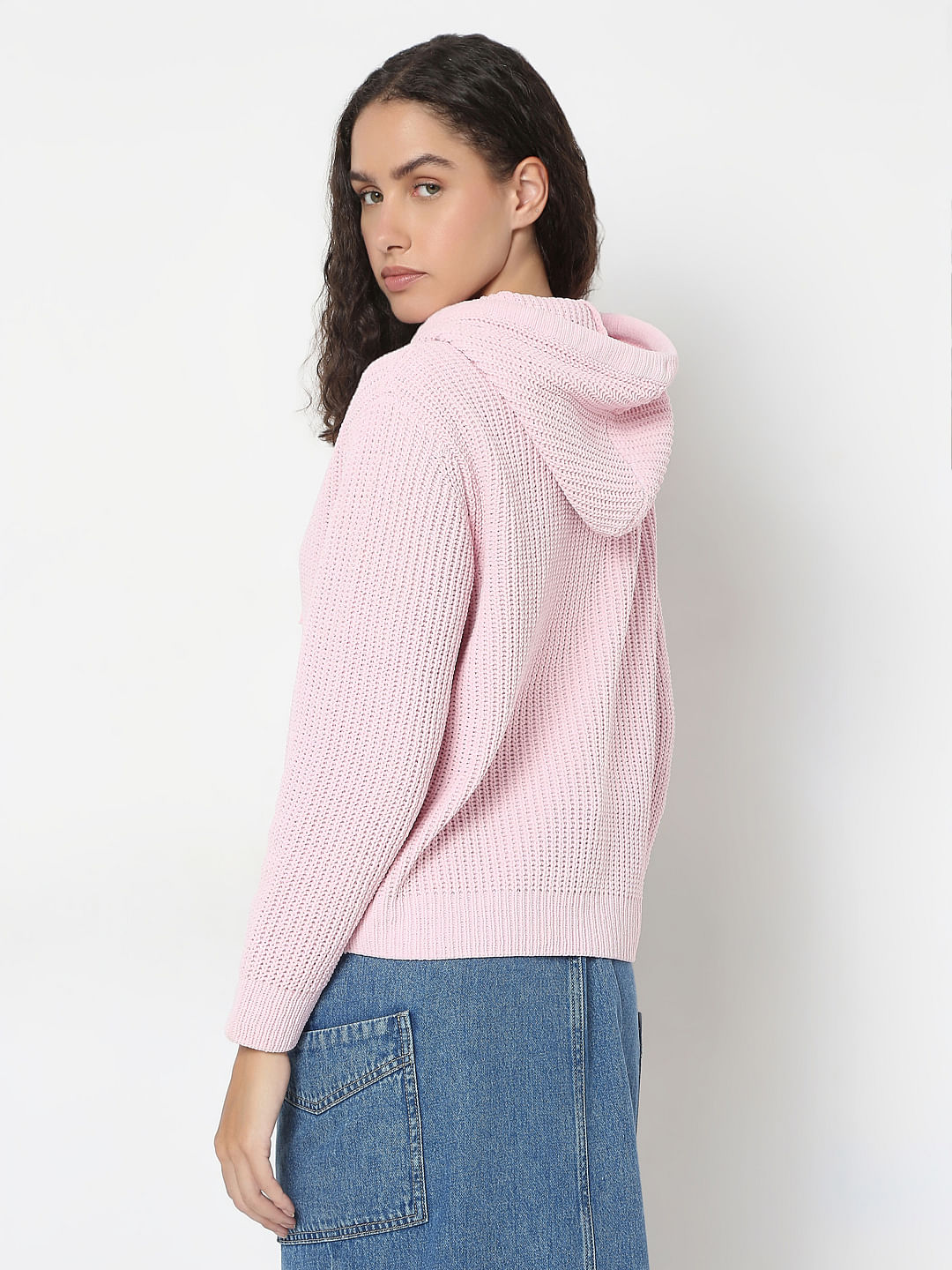 Pink Hooded Knitted Pullover