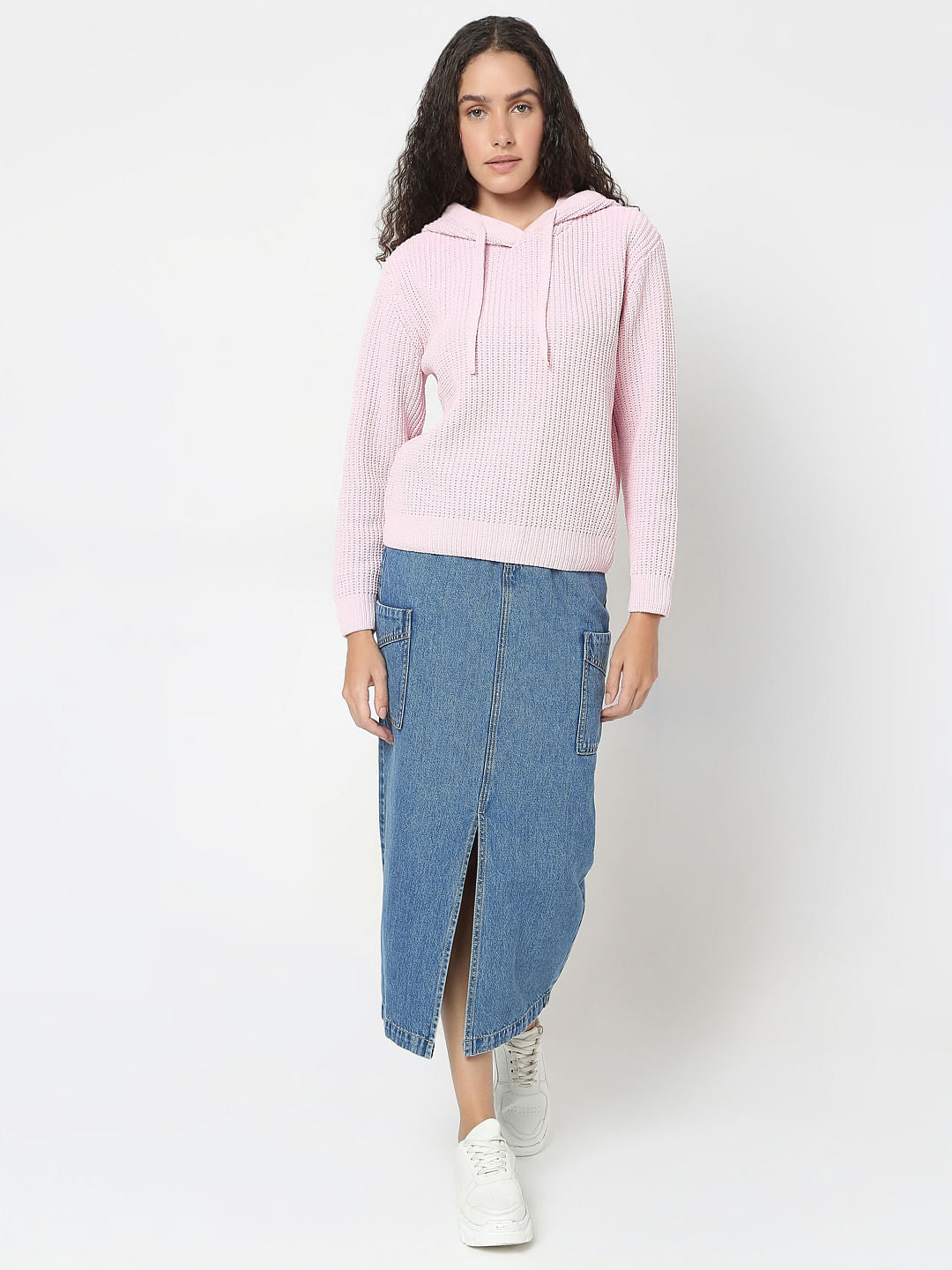 Pink Hooded Knitted Pullover