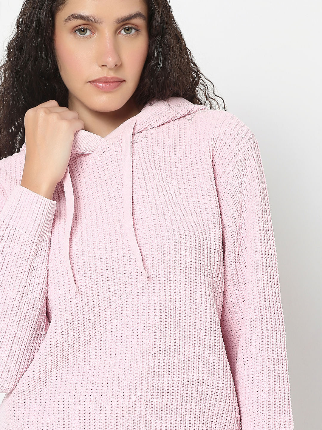 Pink Hooded Knitted Pullover