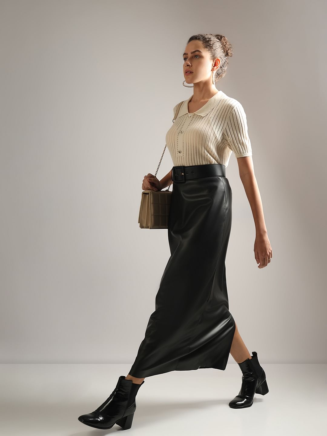 Womens Skirts Vero Moda Pleated Leather Skirt Black High Rise Long