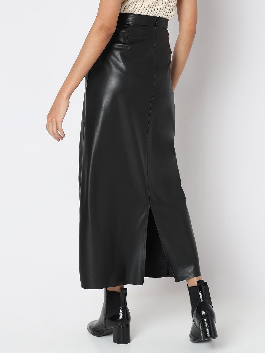 Black High Rise Long Pu Skirt