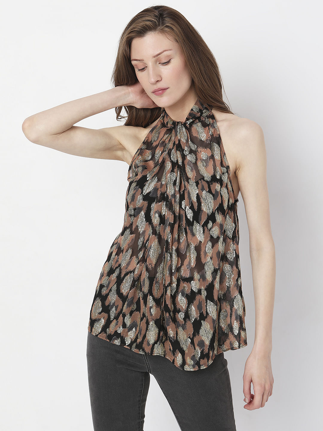 Black Printed Halter Neck Top