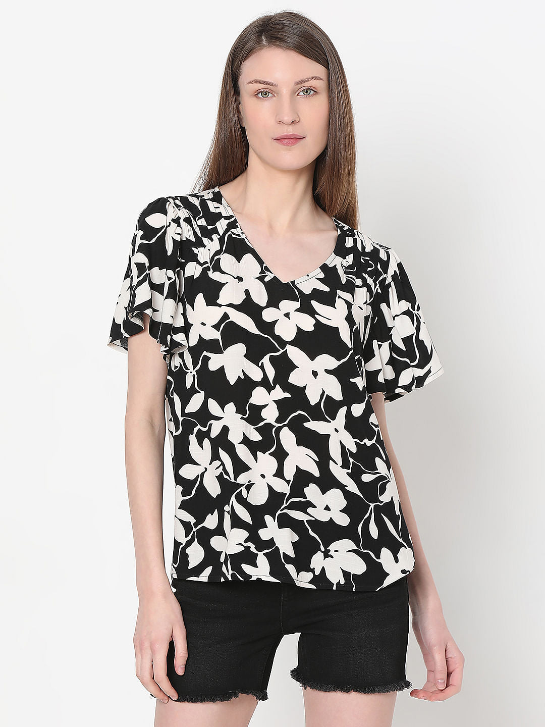 Black Floral Print Top