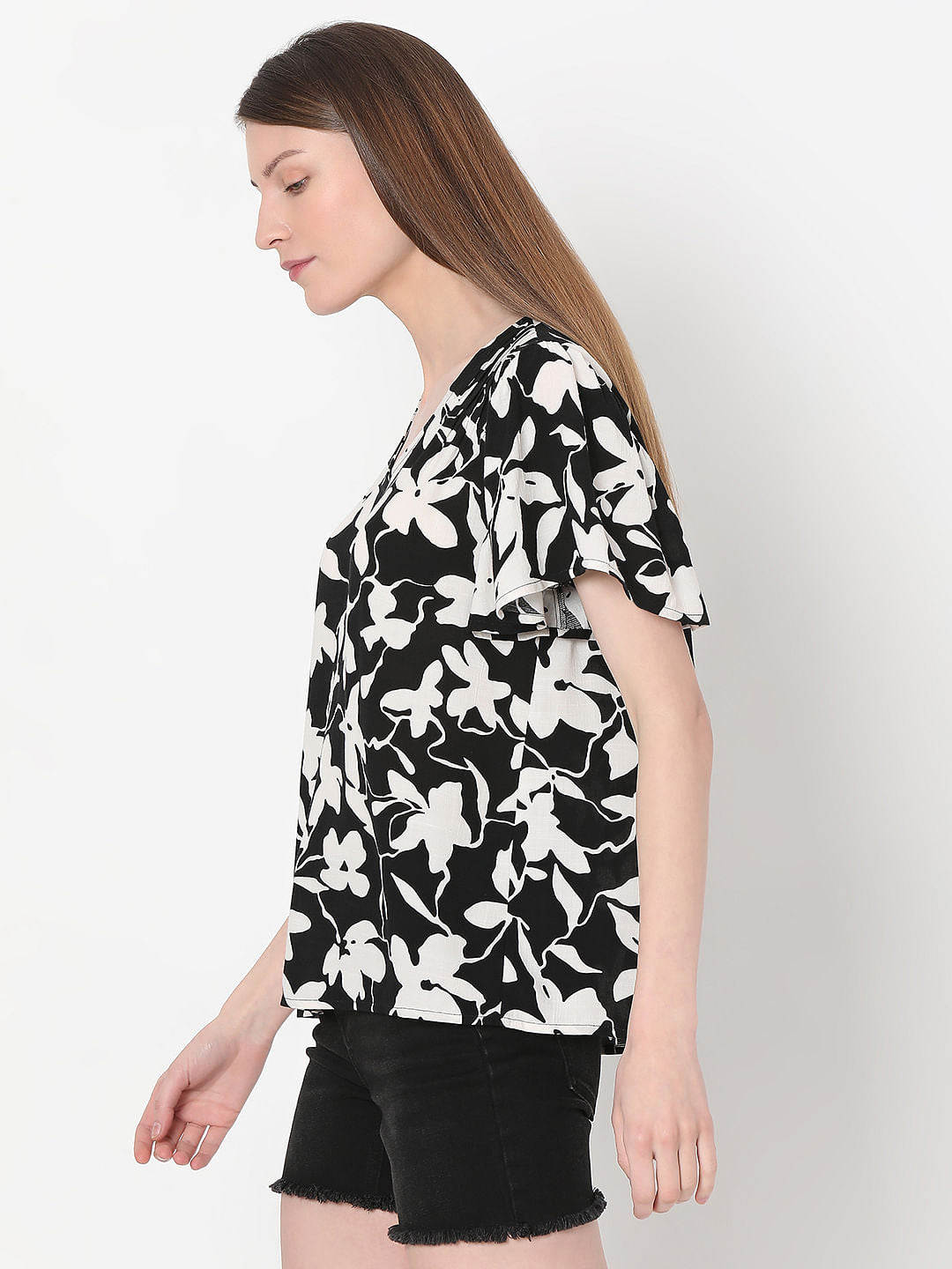 Black Floral Print Top