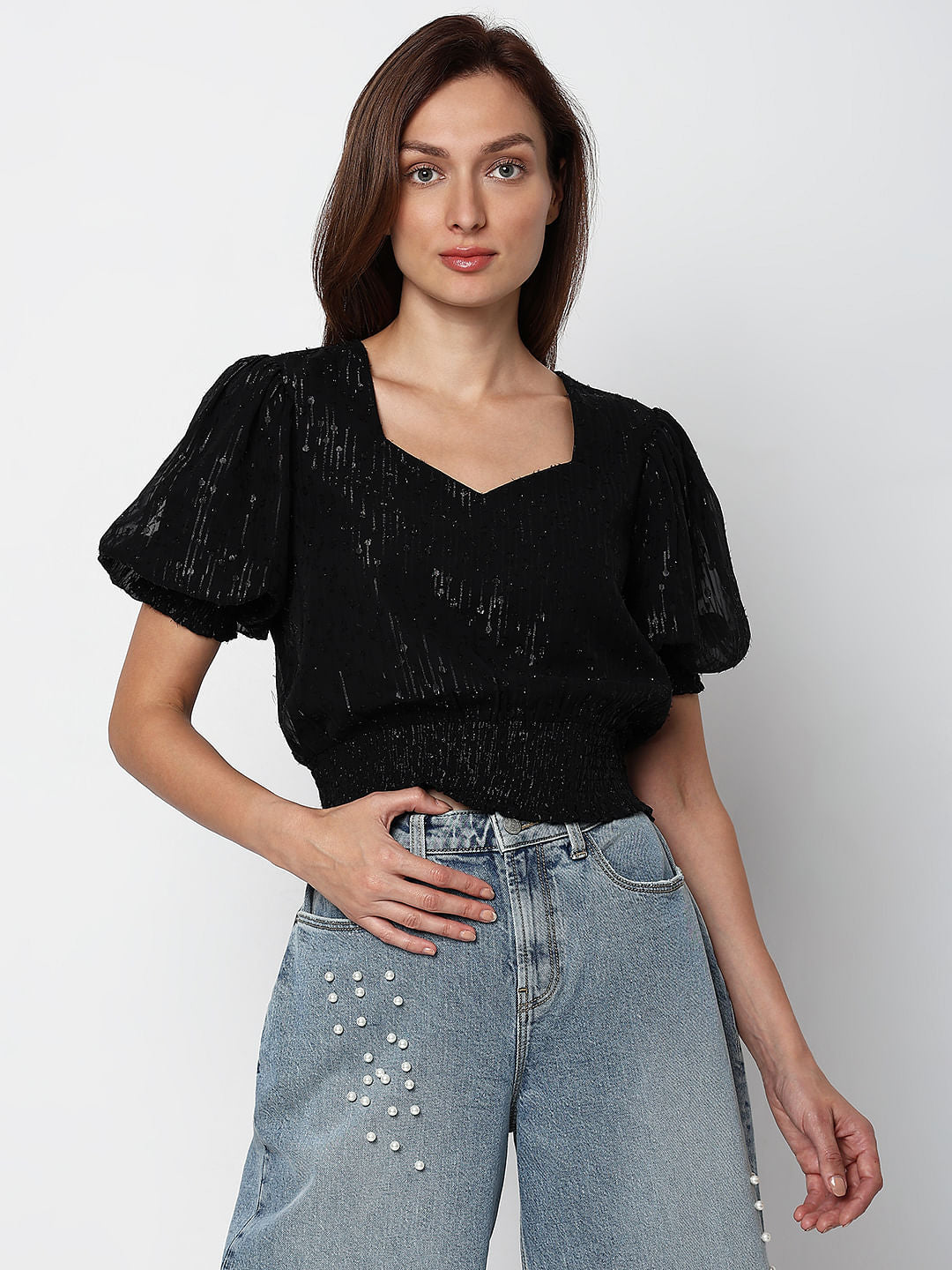 Black Textured Smocked Top